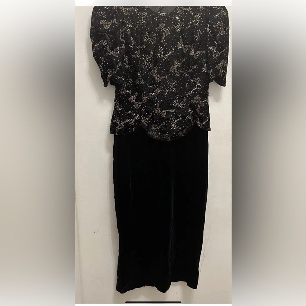SCOTT MCCLINTOCK black and gold velvet bow print  vintage dress Sz 12p deadstock